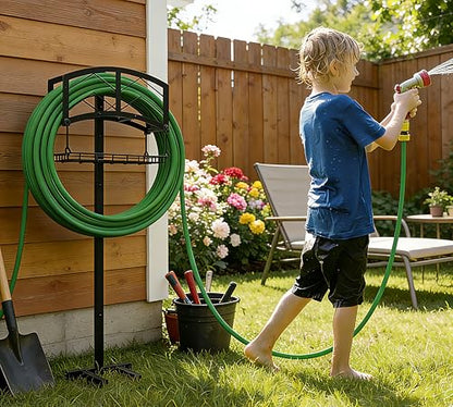 Kingson Portable Garden Hose Holder with Storage Basket - Heavy-Duty Black Steel Construction, Holds 150FT Hose, Freestanding & Detachable Design with Tools for Easy Assembly