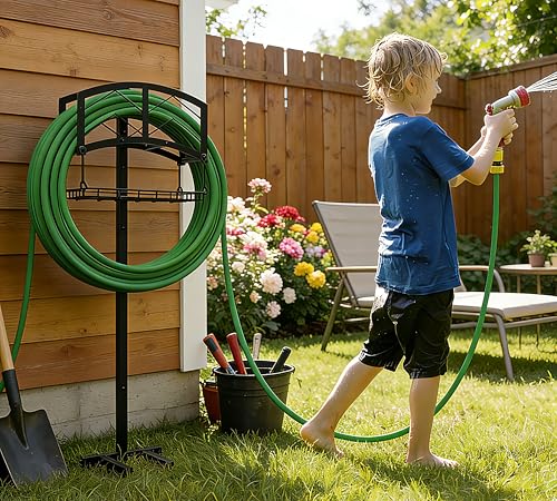 Kingson Portable Garden Hose Holder with Storage Basket - Heavy-Duty Black Steel Construction, Holds 150FT Hose, Freestanding & Detachable Design with Tools for Easy Assembly