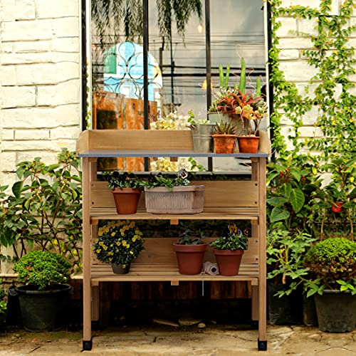 Topeakmart Potting Bench, Metal Top Garden Table for Outdoors,Natural Wood - color: Natural Wood