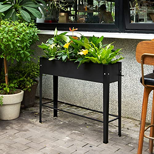 Piksedo Raised Garden Bed, Elevated Planter Metal Plant Box with Legs Standing Garden Stand Drainage Holes Frosted Black - size: 39.37" L x 10.63" W x 31.5" H