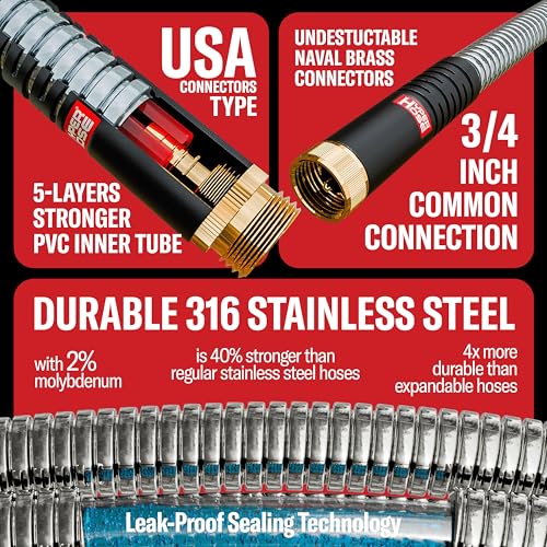 Best 150 ft Metal Garden Hose Set - No-Kink Durable 316 Stainless Steel, 10-Way Zync Spray Nozzle & Hook – Tough Flexible Heavy Duty Water Hoses, 5/8 in, Rust, Weather, LeakProof - size: 150 FT SET