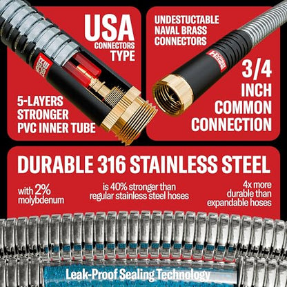 Best 150 ft Metal Garden Hose Set - No-Kink Durable 316 Stainless Steel, 10-Way Zync Spray Nozzle & Hook – Tough Flexible Heavy Duty Water Hoses, 5/8 in, Rust, Weather, LeakProof - size: 150 FT SET