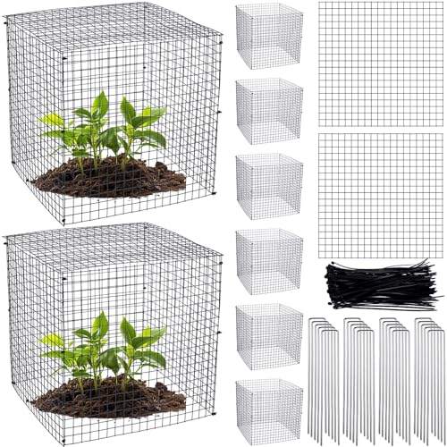 Zubebe 8 Pack Small Wire Plant Protectors Square Plant Protectors from Animals Mesh Cage Chicken Wire Cloche for Shrubs and Vegetables with Ground Stakes and Nylon Ties (12 x 12 Inch)