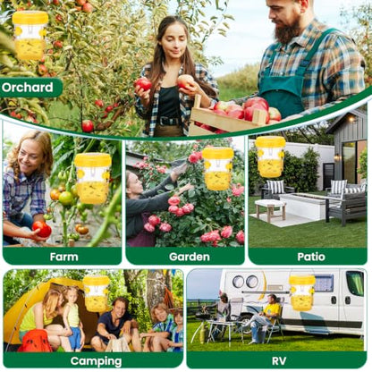 Wasp Trap, Solar Wasp Traps Outdoor Hanging, Reusable Yellow Jacket Hornet Trap with LED Light for Outside Garden, Patio, Orchard, Camping (4, Yellow)