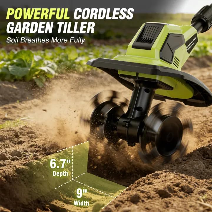 Cordless Tiller Cultivator, 21V Lightweight Tiller for Gardening with 2 * Batteries, Brushless Electric Tiller with 48 Steel Tines, 400RPM, 9.5" Tilling Width, 7" Depth for Gardening, Soil Turning