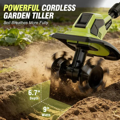 Cordless Tiller Cultivator, 21V Lightweight Tiller for Gardening with 2 * Batteries, Brushless Electric Tiller with 48 Steel Tines, 400RPM, 9.5" Tilling Width, 7" Depth for Gardening, Soil Turning