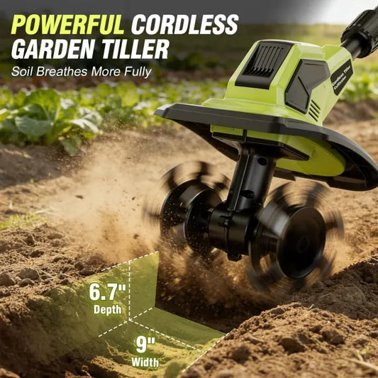 Cordless Tiller Cultivator, 21V Lightweight Tiller for Gardening with 2 * Batteries, Brushless Electric Tiller with 48 Steel Tines, 400RPM, 9.5" Tilling Width, 7" Depth for Gardening, Soil Turning