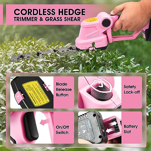 Saker Cordless Hedge Trimmer-20V Electric Shrub Trimmer Grass Shears Handheld Grass Cutter, Hedge Shear with 2 PCS Rechargeable Battery and Charger for Garden, Lawn(Pink) - color: PINK HEDGE TRIMMER+2 BATTERIES