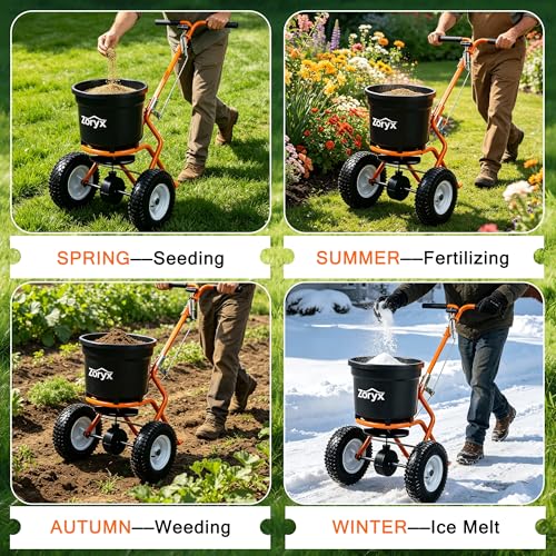 ZORYX 50LB Walk-Behind Broadcast Spreader, Heavy Duty Push Spreader for Fertilizer, Seed, Salt, Ice Melt, 13" Pneumatic Tires, Adjustable Flow, Anti-Clog Hopper w/Rain Cover