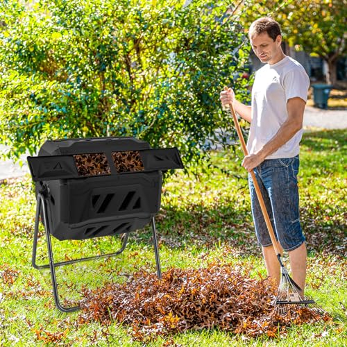 Goplus Compost Bin, Outdoor 42-Gal Dual Chamber Composting Tumbler w/2 Sliding Doors, Heavy-Duty Metal Frame, 360° Rotatable Tumbling Composter, BPA-Free Compost Tumbler for Kitchen Garden Yard Waste - color: Black