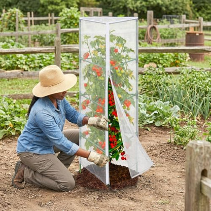 3PCS Garden Bird Netting for Triangle Tomato Cage with Zipper & Drawstring - size: 17.7x17.7x55in