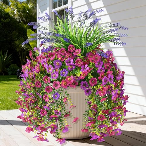 Artificial Fake Hanging Flowers Plants for Outdoor Outside Decoration - color: Purple Fuchsia