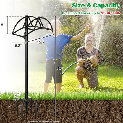 Gtongoko Garden Hose Holder for Outside 47" Heavy Duty Freestanding Water Hose Holder with 5 Stable Spikes Metal Hose Stand Holds Up to 150FT Hose & 49LB Detachable Hose Storage for Yard Lawn Patio - size: 47 Inch