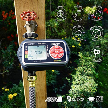 Eden 93411 1-Zone Digital Water Timer with LCD Display - Programmable Sprinkler System Manual Watering Rain Delay and Moisture Sensor Compatibility - size: 1 Zone