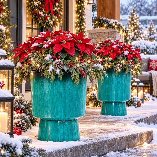 Autodaya 16.8" Faux Ceramic Planters for Outdoor Indoor Plants, Flower pots - color: 16.8"-teal Glazed & Black Rim