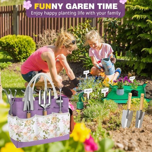22Pcs Gardening Tools Set for Women Heavy Duty Garden Hand Tool Kit,Birthday Gifts for Mom Wife Grandma Beginner Gardening Accessories with Large Tote Bag/Shovel/Repotting Mat/Plant Labels/Gloves - color: Purple