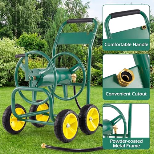 Garden Hose Reel Cart, Mobile Water Hose Cart with Heavy-duty Metal Frame & 4 Solid Wheels, Hold up to 330 ft of 5/8" Hoses, Outdoor Planting Tool for Lawn & Backyard (Green) - color: Green