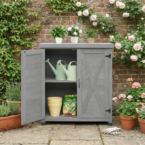 Garden Potting Bench Table with Storage Cabinet – Outdoor Wooden Workstation with Metal Tabletop, Solid Wood Planting Work Bench for Patio, Garden & Backyard, Gray - color: Gray