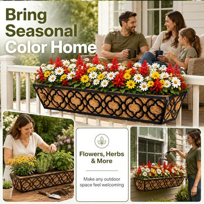 HFHOME 24 Inch Deck Railing Planter Box with Horse Trough Coco Liner, 24" Window Boxes with Coconut Coir Liner, Black Metal Hanging Flower Planter Basket for Outdoor Indoor Lawn - 4 Pack - size: 24 Inch 4-Pack Floral-Pattern