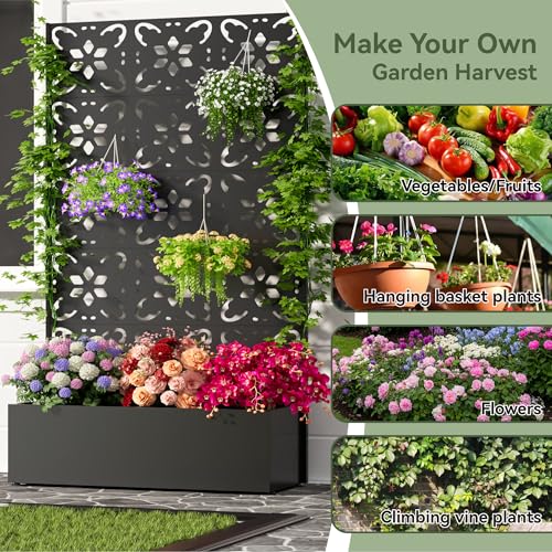COFaR 71"Tall Metal Planter Box with Trellis,Outdoor Privacy Planter Screen - color: Floral_black