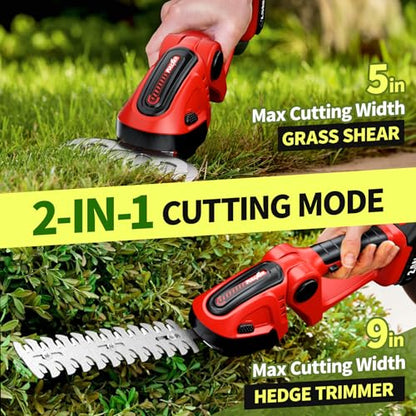 FULLYEA Cordless Hedge Trimmer, 2-in-1 Grass Shear with 2 * 2.0Ah Batteries