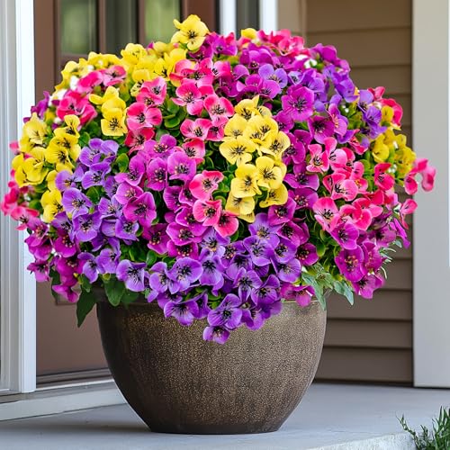 AXYLEX Artificial Pansies Outdoor, 16 Bundles Fake Plants (Yellow Mix) - color: Mixed, 4 Colors Red Pink Purple Yellow