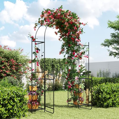 Moccha Garden Arch with Gate & Planter Shelves - 87" Metal Arbor Trellis for Climbing Plants Rose Vine, Outdoor Pergola Archway, Wedding Backdrop for Ceremony Pathway Backyard Party Decoration - size: 64”L x 20”W x 87”H