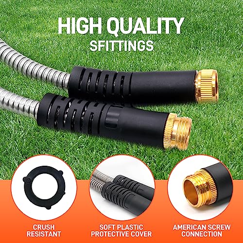 Besiter Garden Hose 25FT Stainless Steel Water Hose with 10 Functions Adjustable Spray Nozzle, Heavy-Duty Metal Garden Hose Flexible Durable No-Tangle & Kink Leak Dog Proof Hose for Yard Lawn(Orange) - size: 25FT