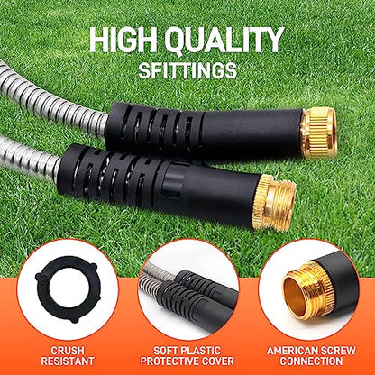 Besiter Garden Hose 25FT Stainless Steel Water Hose with 10 Functions Adjustable Spray Nozzle, Heavy-Duty Metal Garden Hose Flexible Durable No-Tangle & Kink Leak Dog Proof Hose for Yard Lawn(Orange) - size: 25FT