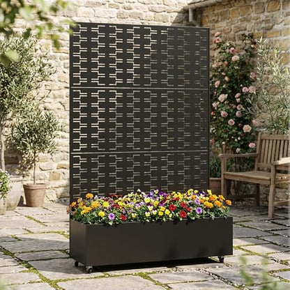 Metal Raised Garden Bed with Trellis and Wheels, 71"x47"x16" (Black-Brick) - color: Black-brick, size: 71"x47"x16"