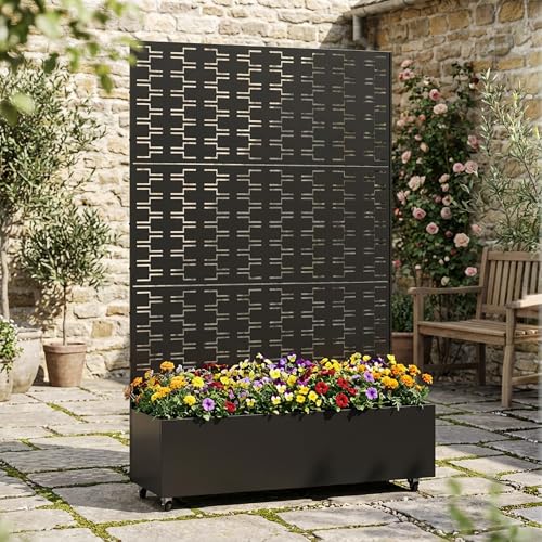 Metal Raised Garden Bed with Trellis and Wheels, 71"x47"x16" (Black-Brick) - color: Black-brick, size: 71"x47"x16"