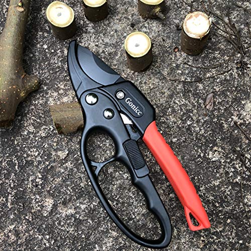 gonicc 8" Professional Ratchet Anvil Pruning Shears (GPPS-1011) and Hori Hori Garden Knife with Leather Sheath, Ratcheting Mechanism, Anvil Groove Design, Reinforced Design Handle.