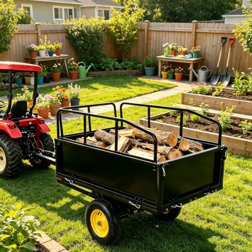 Heavy-Duty Steel Garden Dump Cart, 17 Cu. Ft. Utility Trailer,750 lb Capacity, Removable Sides, Quick-Release Foot Pedal, Universal Hitch, 16" All-Terrain Tires, Compatible with Lawn Mower, ATV