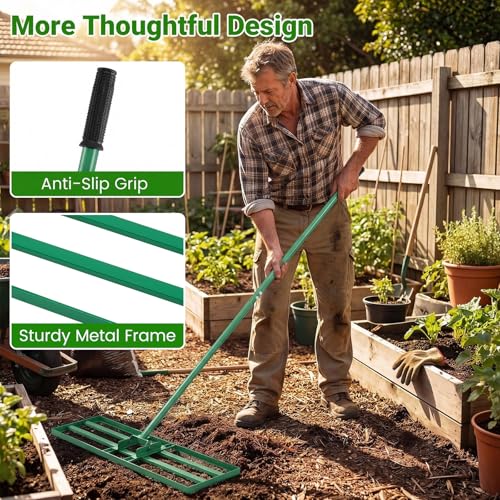 Goplus Lawn Leveling Rake, 30" x 10" Heavy Duty Level Lawn Tool w/ Ergonomic Handle for Soil, Effort-Saving Landscape Rake for Garden, Backyard, Golf Course, Farm, Pasture (Green) - color: Green