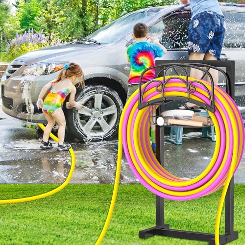 Garden Hose holder, 4-Spike Heavy Metal with Storage Basket, Arch - style: curved line with Storage Basket