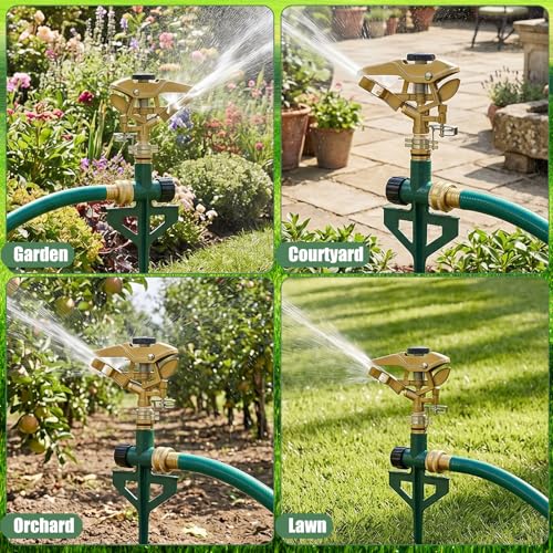 LemonRoad 2 Pack Impact Sprinkler for Yard on Spike Base, Heavy Duty Metal Impact Sprinkler Head with 360° Adjustable Spray for Large Area Lawn & Yard Irrigation
