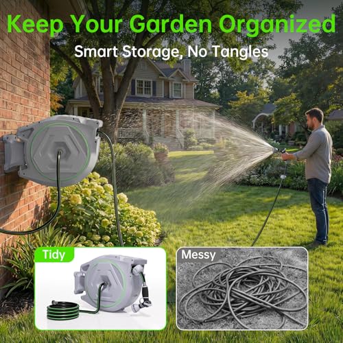 Retractable Garden Hose Reel, 5/8in 100 ft Hose Reel with 9 Patterns Nozzle - color: Grey