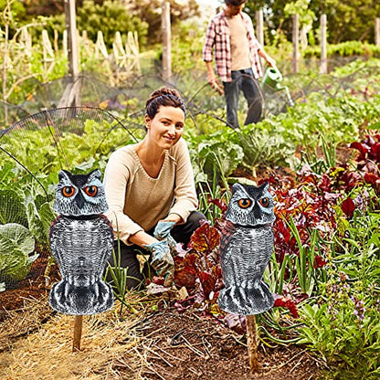 Hausse 2 Pack Fake Owl Decoy Bird Scarecrow Sculpture, Rotating Head Plastic Owl Bird Deterrents, Nature Enemy Horned Pest Repellent for Outdoor Garden Yard - size: 2 Pack, 10.6 Inch