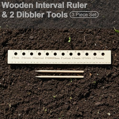 Garden Seed Spacer Planting Ruler Set - Wooden Interval Ruler & 2 Dibbler Tools for Precise Seeding, 3 Piece Set