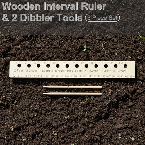 Garden Seed Spacer Planting Ruler Set - Wooden Interval Ruler & 2 Dibbler Tools for Precise Seeding, 3 Piece Set