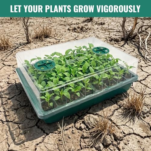 48-Cell Seed Starter Tray Kit with Grow Light, 2 Full-Spectrum LED Lights, 13cm Tall Humidity Dome, Thick PVC Seedling Trays, Labels & Tools, USB-C Power, Indoor Germination