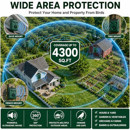 2026 Solar Bird Repellent Devices Outdoor Ultrasonic Bird Repeller Deterrents for Outside,Woodpecker Deterrent for House,USB Charging & Waterproof Pigeon Goose Bird Scare Devices for Garden,2 Pack