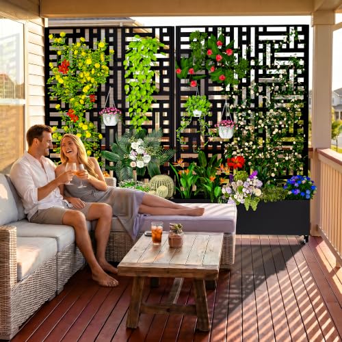 MTART Metal Planter Box with Trellis Outdoor, 72"x47"x16" Galvanized Raised Garden Bed with Privacy Screen & Drainage Holes & Lockable Casters for Climbing Plants, Vegetable, Vines (Street-Black1) - color: Street-black1