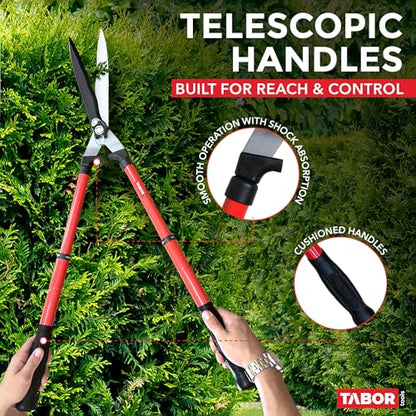 TABOR TOOLS B212A 25″–33″ Telescopic Hedge Shears with Wavy Blade and Extendable Steel Handles. Extendable Manual Hedge Clippers for Trimming Borders, Boxwood, and Tall Bushes. - style: B212A Extendable Hedge Shears