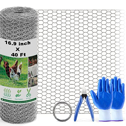 Chicken Wire Fencing Mesh, 16.9 Inch x 40 Feet Metal Floral Chicken Wire Fence for Crafts Poultry Garden, 0.6 Inch Hexagonal Galvanized Hardware Cloth Netting for Chicken Coop Barrier Rabbit Cage - size: 16.9in x 40ft