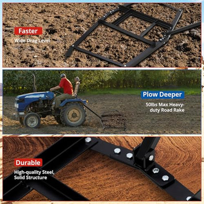 CABIHOME Heavy Duty Steel Drag Harrow & Lawn Leveling Rake, 74" Wide, Up to 50 lbs Capacity, Tow, Behind Grader for Tractor, ATV, UTV, Mower, Ideal for Sand, Gravel, Soil, Garden & Yard Maintenance