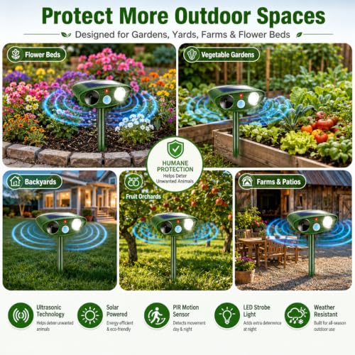 4 Pack Sonic Fortress Pro Deer Repellent Devices for Plants,Cat Repellent Outdoor Motion Sensor Solar Animal Repellent Ultrasonic for Squirrel Rabbit Raccoon Skunk Fox Coyote Deterrent Yard Garden
