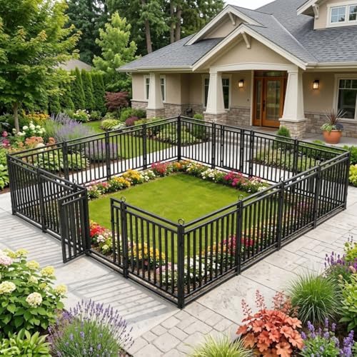 54ft (L) × 47in (H), 21 Panels & 3 Gates Garden Fence, Durable Outdoor Yard Barrier, Secure Garden Fencing, Weather-Resistant Fence for Privacy & Decoration, Black-Silver - size: 47in(H)x54ft(L)