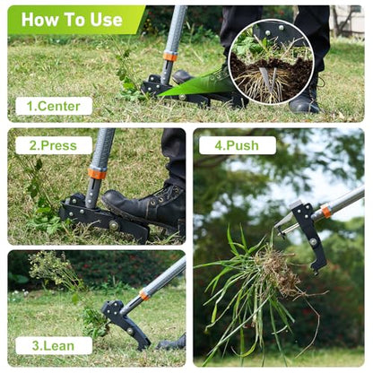 GASREKV Weed Puller Tool, 4-Claw Steel Head Stand Up Weeder, 39"-46" Adjustable Handle & Easy Eject, Root Weed Remover for Dandelion, Thistle & Crabgrass, No Bending - color: Orange