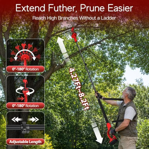 2-In-1 Electric Pruning Shears for Milwaukee 18V Battery, 1.2'' Cut Diameter Cordless High Branch Cutter with 8FT Reach Extension Pole, Brushless Motor Pruner for Gardening Tree Trimming (No Battery)